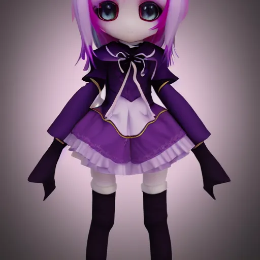 Image similar to cute fumo plush of a gothic maiden in a dark purple uniform with gold highlights, laces and ribbons, soft shadow, anime girl, vray, symmetry, white frame