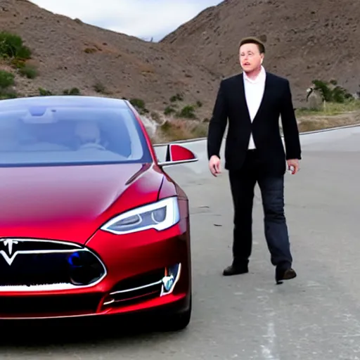 Image similar to elon musk about to get run over by a rogue tesla