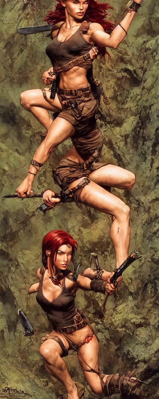 Prompt: tomb raider with red hair by frank frazetta and boris vallejo