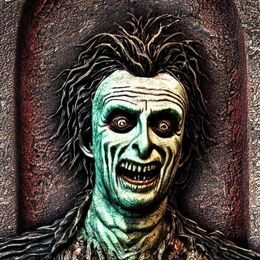 Prompt: rustic antiqued, gothic bas relief of beetlejuice, textured 3 d, intense detail, hyperealism, 4 k