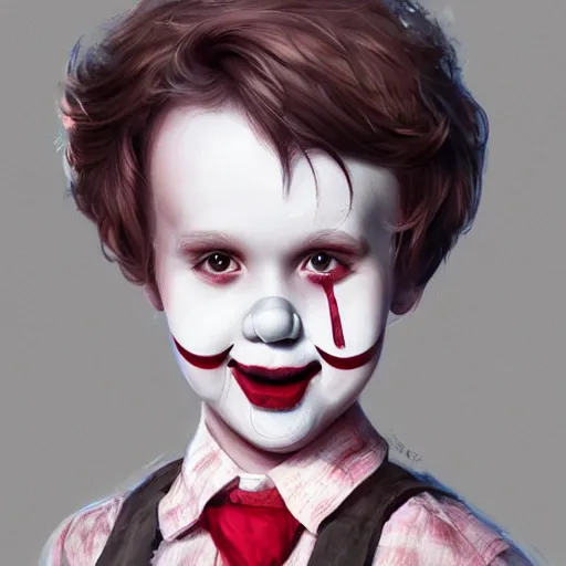Image similar to Young Haley Joel Osment from the movie AI as cute clown, by Stanley Artgerm Lau, WLOP, Rossdraws, James Jean, Andrei Riabovitchev, Marc Simonetti, Yoshitaka Amano, ArtStation, CGSociety,