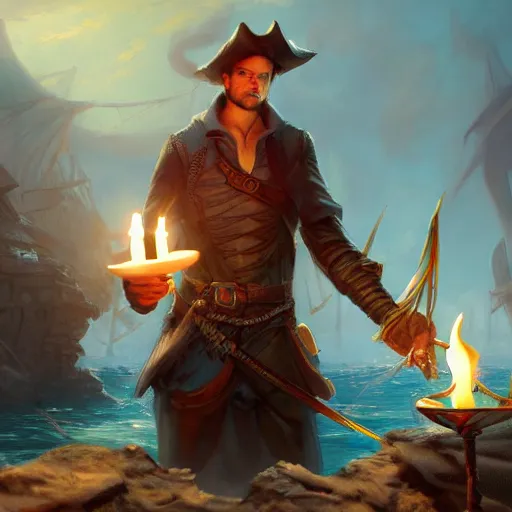 Image similar to concept art of a swashbuckler holding a candle holder discovering a sunken city, wearing a cape, on a ship, highly detailed, digital art, illustration, artstation, very detailed, 4 k