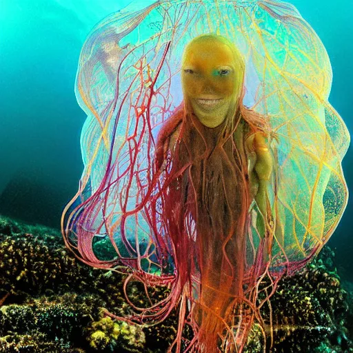 Image similar to underwater photograph of a human faced jellyfish on shallow waters, strange, hyper detailed, fractal, mutant, tendrils, tentacles, glowing, tropical, crystal waters, reef