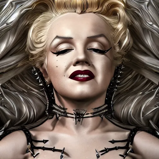 Prompt: highly detailed marilyn monroe with multiple eyes and spikes, limbs by alex gray, android jones, karol bak, ayami kojima, artgerm, concept art, sharp angles, robot, 3 d, octane render, 8 k, unreal engine