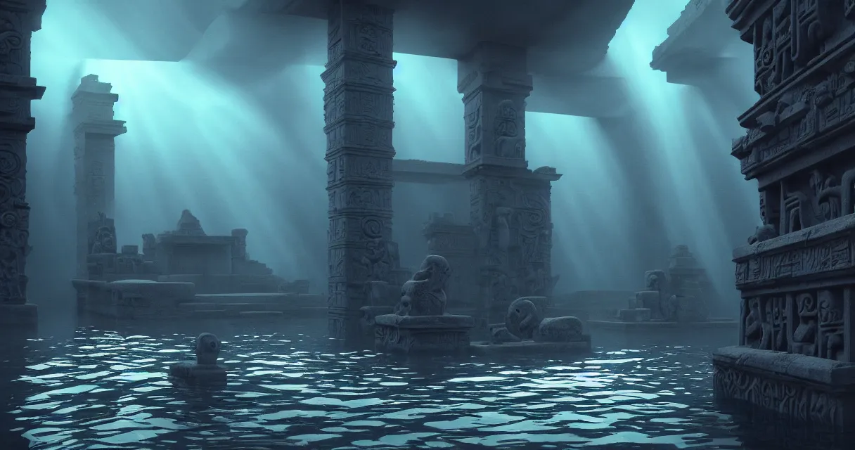 Image similar to low ultrawide shot, dark, street view, underwater statues, submerged pre - incan temple with carvings, abyss, stylized, anime style mixed with fujifilm, detailed gouache paintings, crepuscular rays, dark, murky, foggy, atmospheric, artstation, cgsociety, octane render, cgi, unreal engine 5