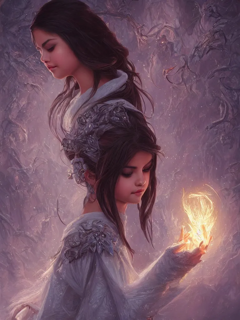 Image similar to Selena Gomez casting an frost spell, D&D, fantasy, intricate, elegant, highly detailed, digital painting, artstation, concept art, matte, sharp focus, illustration, hearthstone, art by Artgerm and Greg Rutkowski and Alphonse Mucha