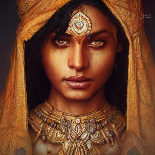 Image similar to portrait painting of dark muscular indian royal woman, ultra realistic, concept art, intricate details, eerie, highly detailed, photorealistic, octane render, 8 k, unreal engine. art by artgerm and greg rutkowski and alphonse mucha