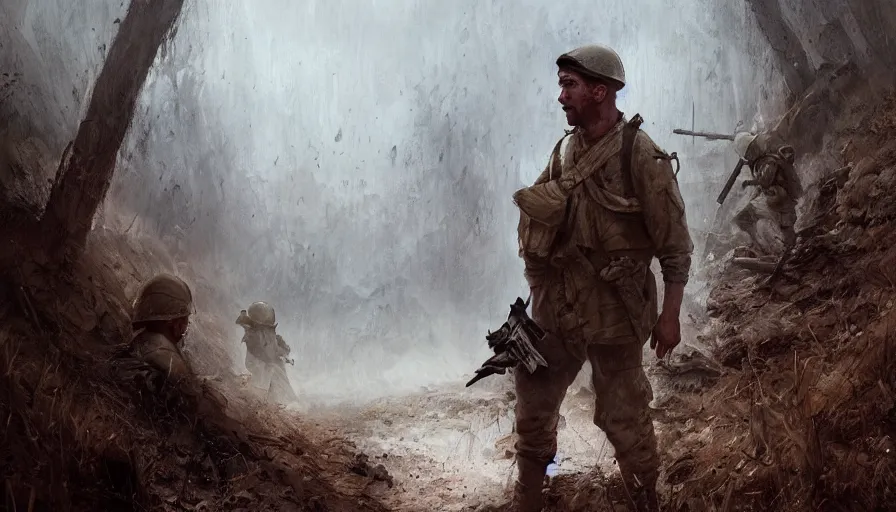 Prompt: beautiful film still of a war movie where a lone survivor, one soldier after his squad killed in action in a trench waiting for the war to end. cinematic lighting and rendering, atmospheric, concept art, high detailed faces, artstation, underpainting by artgerm and greg rutkowski, overpainted by eddie mendoza, post process by ross tran