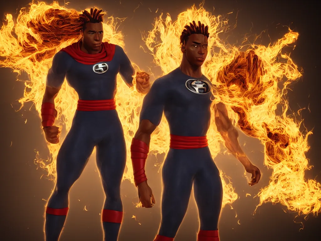 Prompt: full body cinematic, a handsome African American Johnny Storm young male superhero of the fantastic four with flaming brown dreadlocks hair, photorealistic, cinematic, high detail, dramatic lighting, unreal engine, octane render, 8k