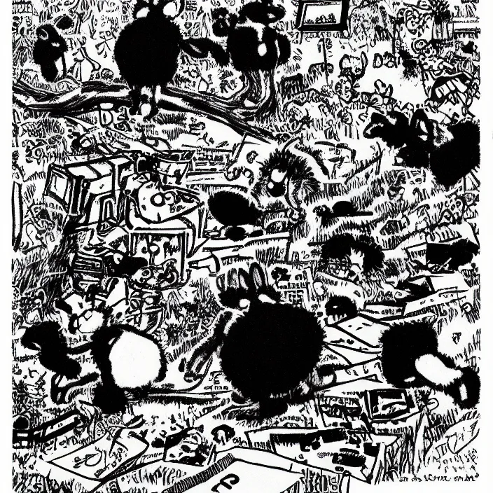 Image similar to a still frame from comic strip, black fluffy hairy furry rabbit on a clean background 1 9 5 0, herluf bidstrup, new yorker illustration, monochrome contrast bw, lineart, manga, tadanori yokoo, simplified,