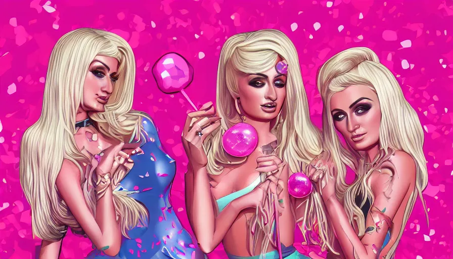 Image similar to Kim Petras and Paris Hilton pink bubblegum pop album cover, hyperdetailed, artstation, cgsociety, deviantart 8k