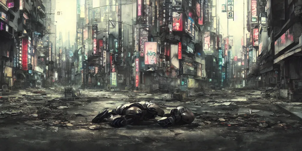 Image similar to a broken robot lying in deserted shinjuku junk town, watercolor, ghost in the shell, soft bloom lighting, paper texture, movie scene, cyberpunk, animatronic, black smoke, pale, beige sky pencil marks, hd, 4k, remaster, dynamic camera angle, deep 3 point perspective, fish eye, dynamic scene