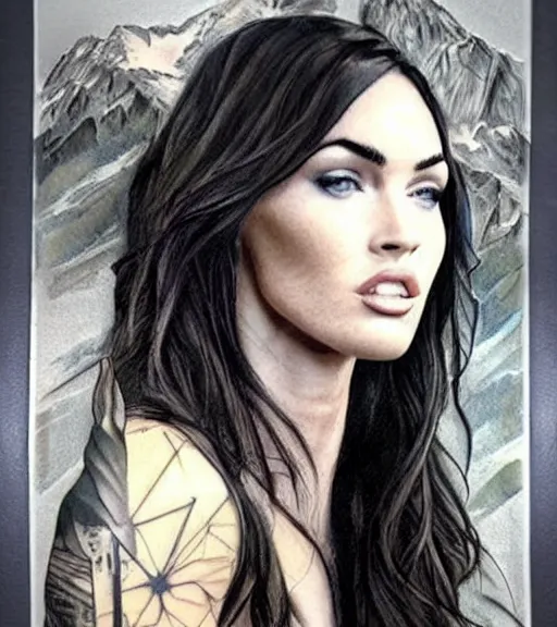 Image similar to megan fox face double exposure with beautiful mountains, realism tattoo sketch, in the style of matteo pasqualin, amazing detail, sharp, faded