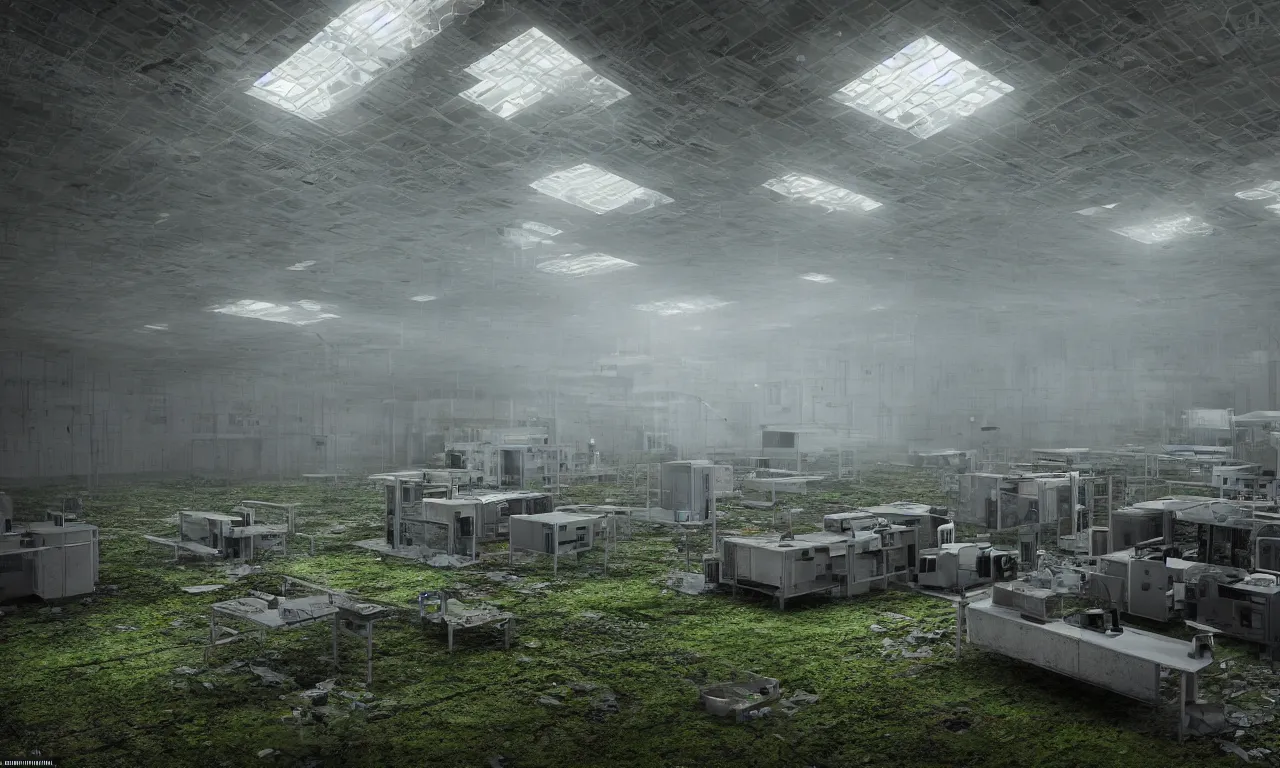 Image similar to an abandoned research facility in a foggy environment with mossy computers, and colored lights on research equipment still functioning | intricate detail, microdisplacement, elaborate design, cgi, volumetric lighting, global illumination