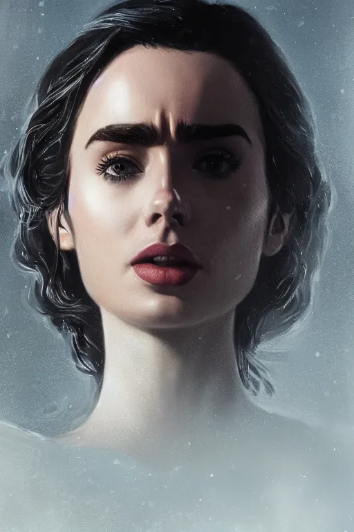 Image similar to a fancy close up of Man of Steel cast as Lily Collins by Greg Rutkowski, Sung Choi, Mitchell Mohrhauser, Maciej Kuciara, Johnson Ting, Maxim Verehin, Peter Konig, 8k photorealistic, cinematic lighting, HD, high details, dramatic, trending on artstation, full body shot