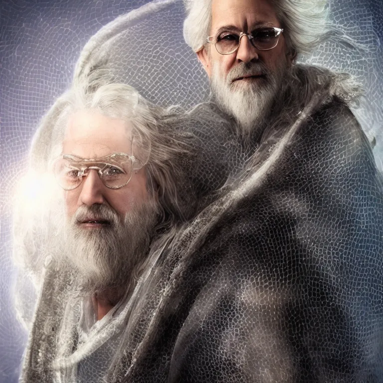 Image similar to high fashion photoshoot octane render portrait by wayne barlow and carlo crivelli and glenn fabry, a distinguished sci - fi futuristic handsome wizard with a long white beard wearing a clear plastic iridescent wizard robes and holding a magical adorable critter while standing inside a glowing ball of plasma energy inside a futuristic fantasy tower, very short depth of field, bokeh