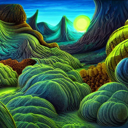 Prompt: a strange, otherworldly landscape with bizarre plants and animals, digital art, harsh lighting