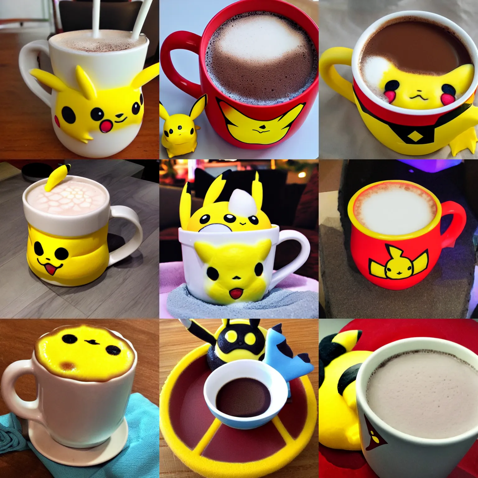 Prompt: hot coco with pikachu shaped foam.