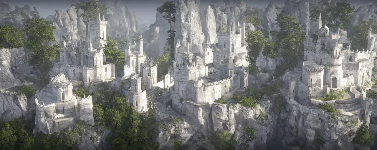 Prompt: white monastery with large tower upon sheer lime cliffs, a ray of sun illuminating, unreal engine 5 render