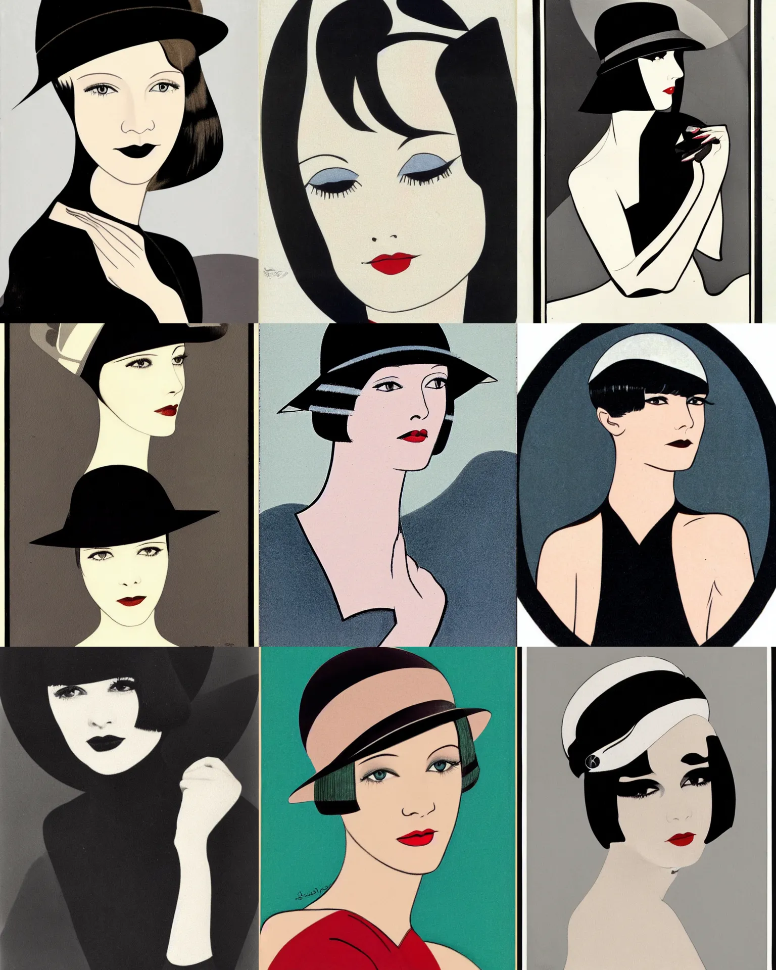 Prompt: Mary Louise Brooks 25 years old, bob haircut, portrait by Patrick Nagel, 1920s, wearing a Cloche Hat