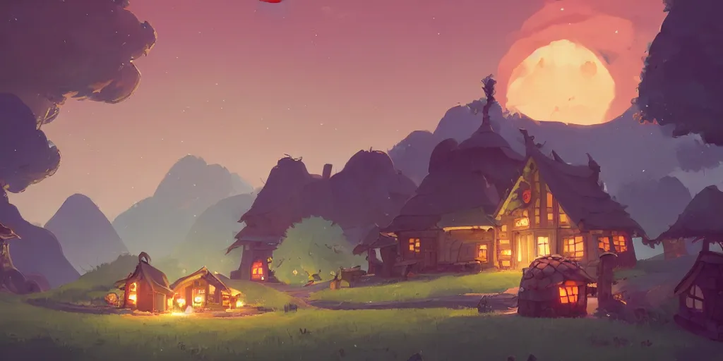 Image similar to small hobbit mushroom houses, red, by cory loftis & akihiko yoshida & james gilleard & atey ghailan & makoto shinkai & goro fujita & studio ghibli, rim light, exquisite lighting, clear focus, magic atmosphere, lights, night, very coherent, plain background, soft painting, photorealistic, unreal engine 5, 4 k