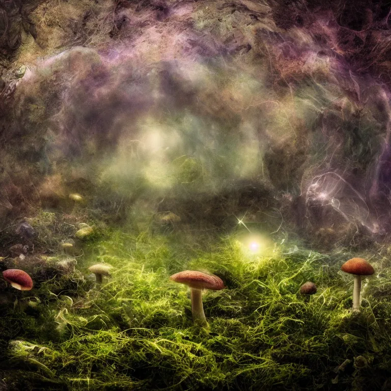 Image similar to a planet of various fungus, mushrooms and plants, inside the picture is infinity, Atmospheric phenomenon, artistic photography, muted colors, conceptual, long exposure outside the city, volumetric light