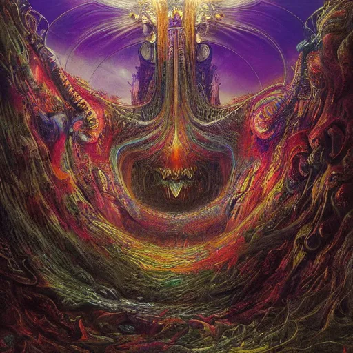 Prompt: lurid eldritch radiating town fractal shimmering phantasm, by h. r. giger and esao andrews and maria sibylla merian eugene delacroix, gustave dore, thomas moran, pop art, synthwave, cubist