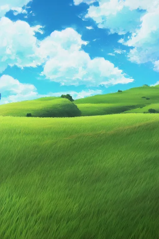 Prompt: painting of a landscape with clouds and grass, a matte painting by makoto shinkai, featured on pixiv, color field, windows xp, anime aesthetic, anime