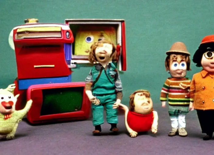 Image similar to a scene from a 1 9 7 0 s british kids tv programme by the bbc and oliver postgate, stop motion animation, postman pat, vhs distortion