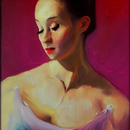 Image similar to portrait of a ballerina, impasto paint, 8 k, cinematic light, shadows, reflection highlights in the paint, in the style of francisco de goya,