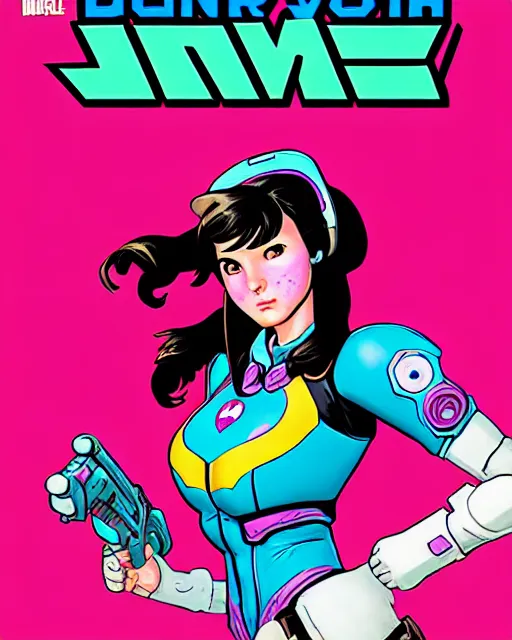 Image similar to d. va from overwatch, comic book cover, in the style of richard corben, ryan ottley, dave gibbons, todd mcfarlane, bernie wrightson