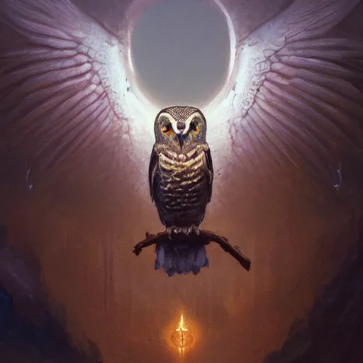 Prompt: The Owl God, The Lord of The Owls, psychedelic art, fullbody, artstation, dark fantasy, concept art, smooth, sharp focus, illustration, art by greg rutkowski and orientalism and bouguereau and Zdzislaw Beksinski, good clear quality, lighting, biology, symmetrical artwork, perfect face, 135 mm, cinematic, hyper realism, high detail, octane render, 8k, chrome accents