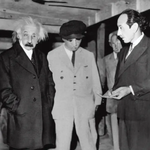 Prompt: Albert Einstein inspecting the first atomic bomb prior to detonation. 1940's photograph