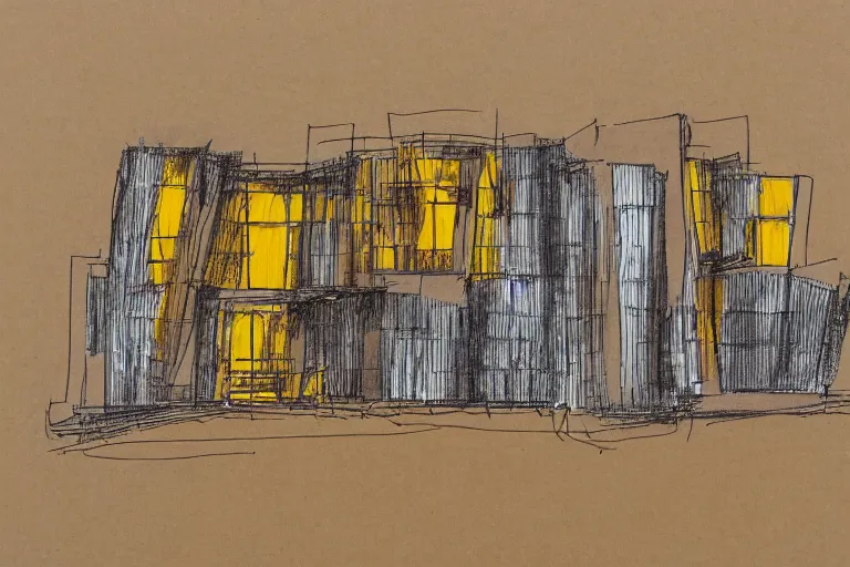 Prompt: a very detailed architectural sketch of of a modern building by frank gehry on a textured brown paper, windows bright with orange and yellow light color spilling on the floor