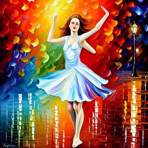 Prompt: highly detailed painting of a beautiful young woman, dancing in the rain, intricate, high quality oil painting artstyle, in the style of leonid afremov, deviantart, figurative art, deviantart, ilya kuvshinov, lovecraftian, very detailed face, portrait