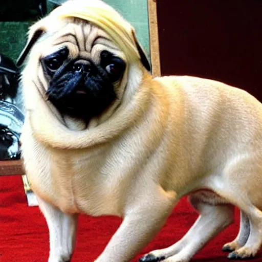 Image similar to pug with a blonde wig like dolly parton playing guitar