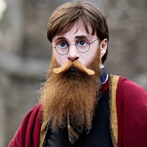 Image similar to harry potter with long beards and beautiful mustache, combing his beard