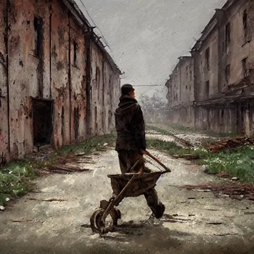 Image similar to painting by jakub rozalski of a person walking with a wheelbarrow in an abandoned post soviet town infested with root monsters