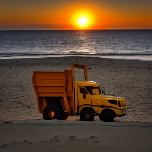 Image similar to a dump truck chilling on the beach, sunset