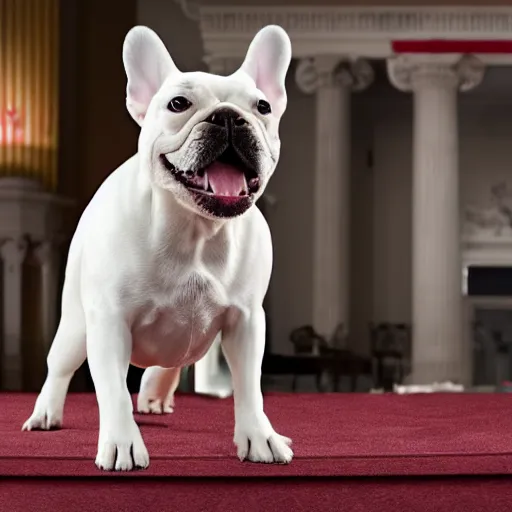 Prompt: A white french bulldog as the president of the united states, running for reelection for the year 2024, 8k hdr movie still, dynamic lighting, detailed