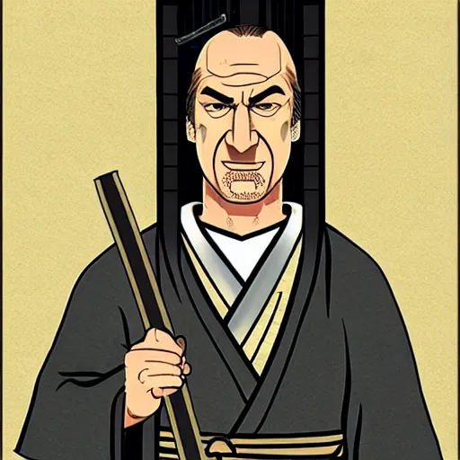 Image similar to saul goodman from breaking bad wearing samurai armor and holding a katana in feudal japan, 4 k, hyper realistic, ink block painting, edo period