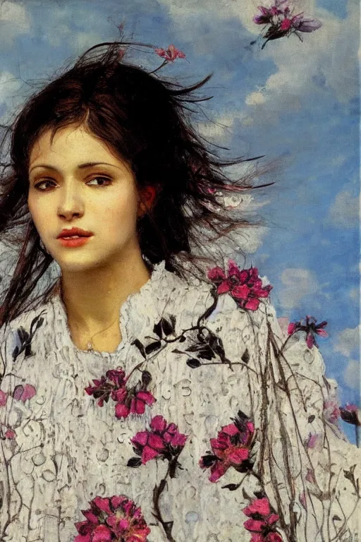 Prompt: close - up fashion black woman portrait airy flowers cloudy sky art by vasnetsov