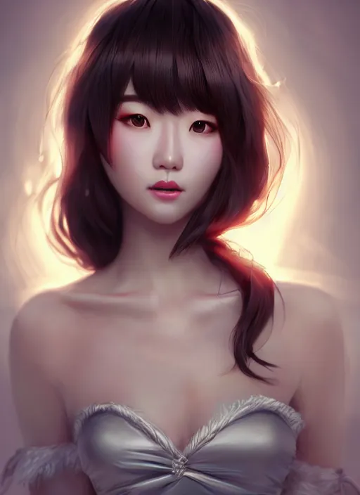 Image similar to beautiful korean fashion goddness, strapless dress, character portrait in the style of thomas river and artgerm, wlop, cinematic lighting, hyperdetailed, 8 k realistic, symmetrical, global illumination, radiant light, halo, love and mercy, frostbite 3 engine, cryengine, dof, trending on artstation, digital art, chanel