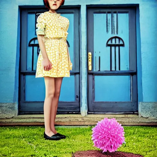 Image similar to giant flower head, full body, girl standing in front of house, surreal, symmetry, mid century, bright colours, blue sky, realistic, wes anderson