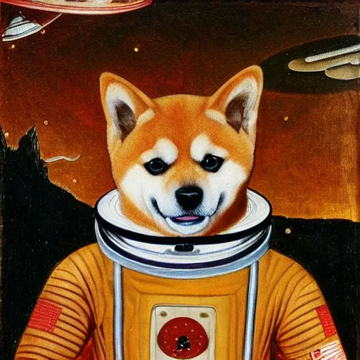 Prompt: Portrait of a shiba inu astronaut, oil painting, 16th century