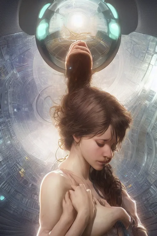 Image similar to beautiful and enigmatic ai held captive in a remote research facility. vulnerability and innocence, ultra realistic, sharp details, subsurface scattering, intricate details, warm lighting, beautiful features, highly detailed, photorealistic, octane render, 8 k, unreal engine, art by artgerm and greg rutkowski and alphonse mucha