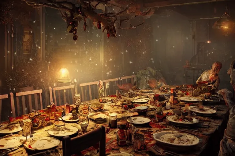 Image similar to the most amazing dream you ever had about zombies christmas dinner, hyper realistic, ambient lighting, concept art, intricate, hyper detailed, smooth, dynamic volumetric lighting, octane, cinematic