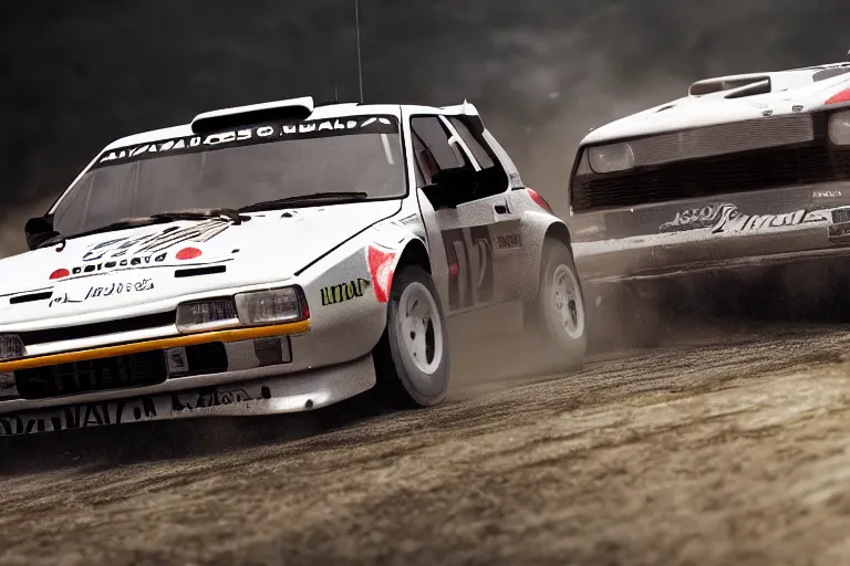 Image similar to group b rally car drifting, forza, photoreal, dynamic scene, dynamic lighting, 8 k, motion blur, dust, trending on artstation, higly detailed, ( higly detailed ), styleframe, crowned, artwork by wlop