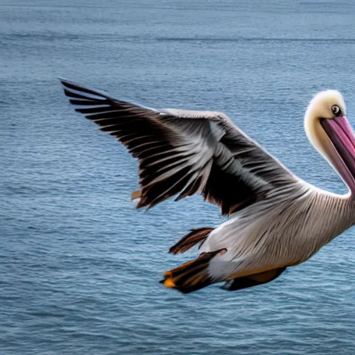 Image similar to a picture of a huge mega ultra sized pelican in flight. the pelican is very big has its its huge wings spread. symmetrical photo. very detailed, professional lighting diffracted lightrays 4 k.