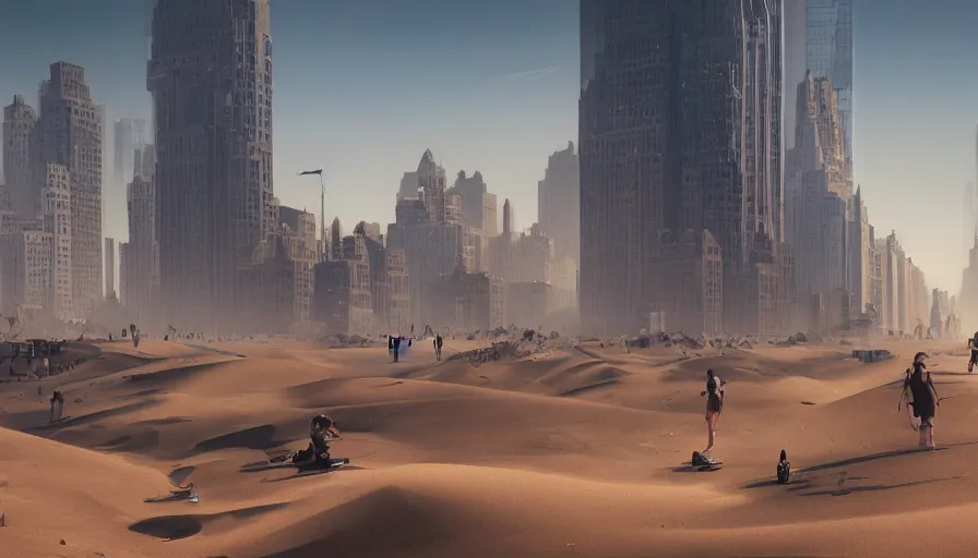 Prompt: new - york under tons of sand, sand dunes, people walking, heat wave, damaged buildings, hyperdetailed, artstation, cgsociety, 8 k